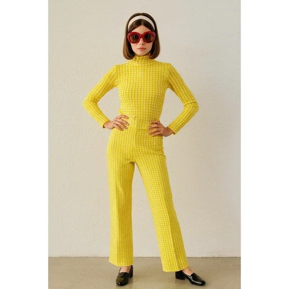 Vintage Women's M Pants Trousers Yellow Gingham 70s Mod Revival Retro Chic MCM - Picture 12 of 12